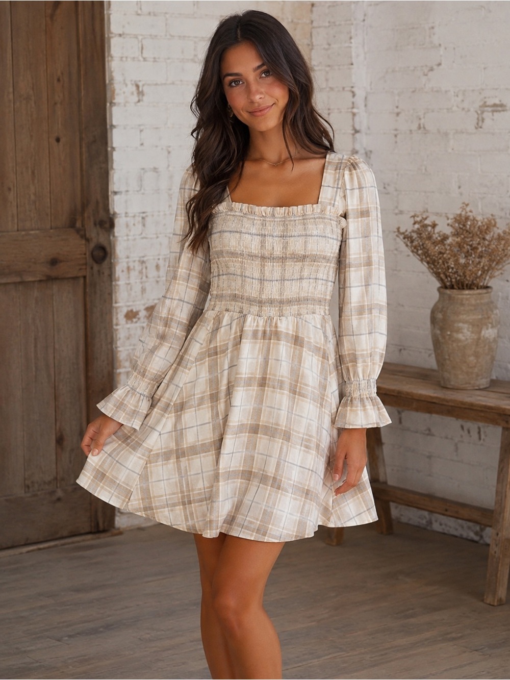 Copper Key Beige Plaid Smocked Waist Dress